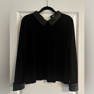 Siani (Milano) black sweater with leather cuff & collar detail.  Size large.